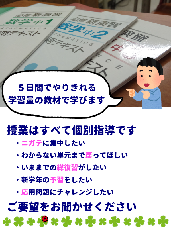 5日間でやりきれる学習量の教材で学びます
授業はすべて個別指導です
・ニガテに集中したい
・わからない単元まで戻ってほしい
・いままでの総復習がしたい
・新学年の予習をしたい
・応用問題にチャレンジしたい
ご要望をお聞かせください