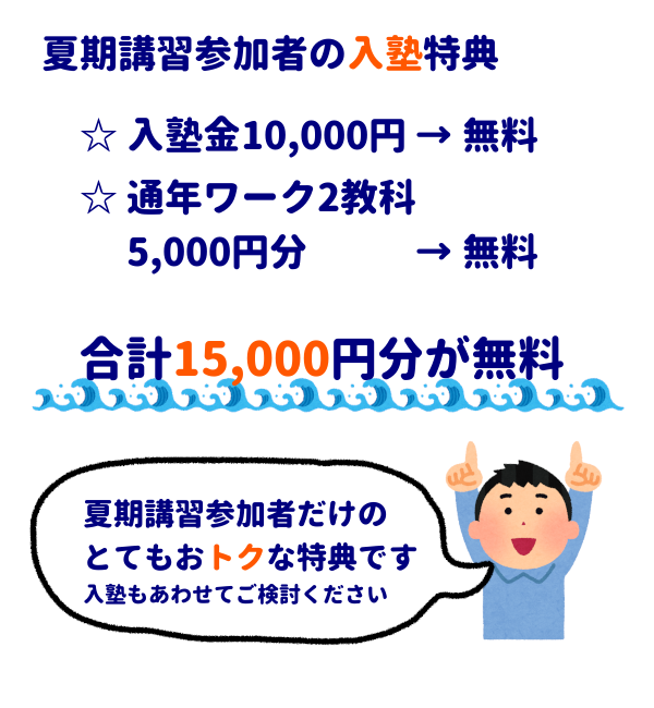 夏期講習参加者の入塾特典
・入塾金10,000円無料
・通年ワーク2教科5,000円分無料
合計15,000円が無料
「夏期講習参加者だけのとてもおトクな特典です、入塾もあわせてご検討ください」