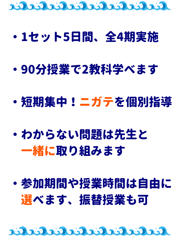 ・1セット5日間、全4期実施
・90分授業で2教科学べます
・短期集中！ニガテを個別指導
・わからない問題は先生と一緒に取り組みます
・参加期間や授業時間は自由に選べます、振替授業も可