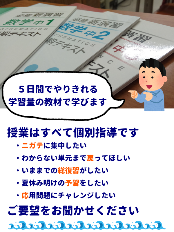 5日間でやりきれる学習量の教材で学びます
授業はすべて個別指導です
・ニガテに集中したい
・わからない単元まで戻ってほしい
・いままでの総復習がしたい
・夏休み明けの予習をしたい
・応用問題にチャレンジしたい
ご要望をお聞かせください